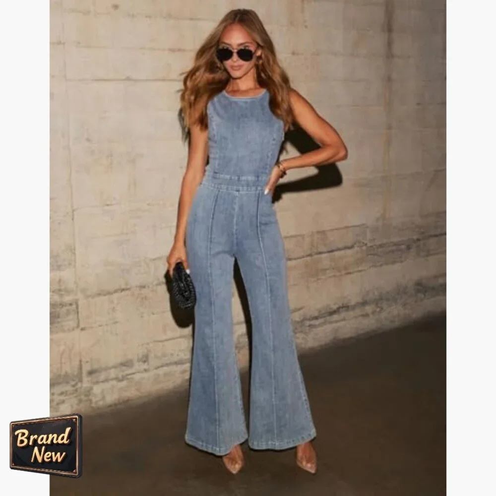 Large Denim Jumpsuit Formal Back Tie Crew Neck Wide Leg Business Casual